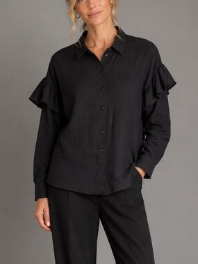 Stelen Long Sleeve Button Down Blouse Sz S Black Ruffle Shoulder Romantic Gothic
